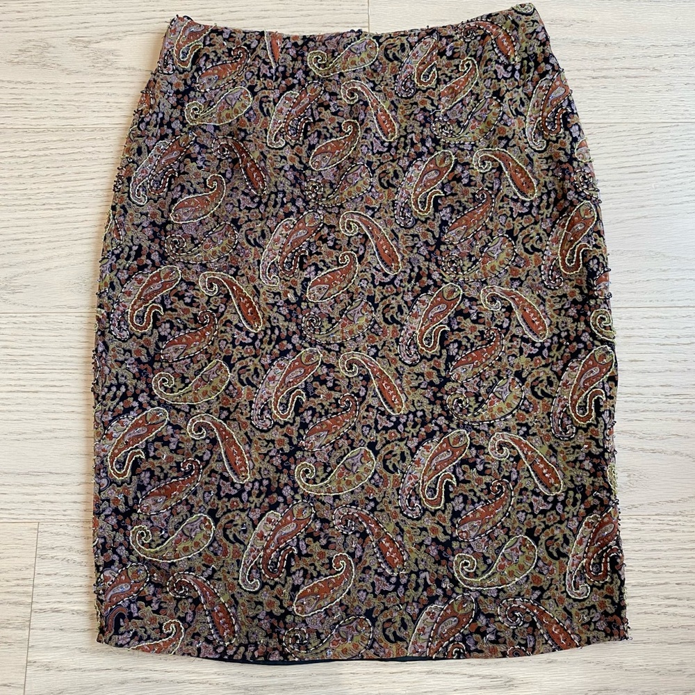 Vintage Laurence Kazar Silk Beaded Skirt, Paisley, Lined, Pencil Skirt, M